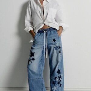 Pilcro Blue Star-Patterned Wide Leg Jeans